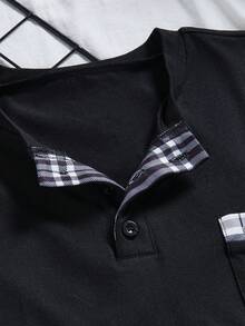 Bộ đồ ngủ tuổi teen, áo tay ngắn màu đen có 3 nút đen và túi, quần short kẻ caro, thiết kế tối giản tạo vẻ ngoài thời trang và năng động, chất liệu vải co giãn và dệt kim, có thể giặt máy, vừa vặn thoải mái và dễ bảo quản. - màu đen - Xem 6