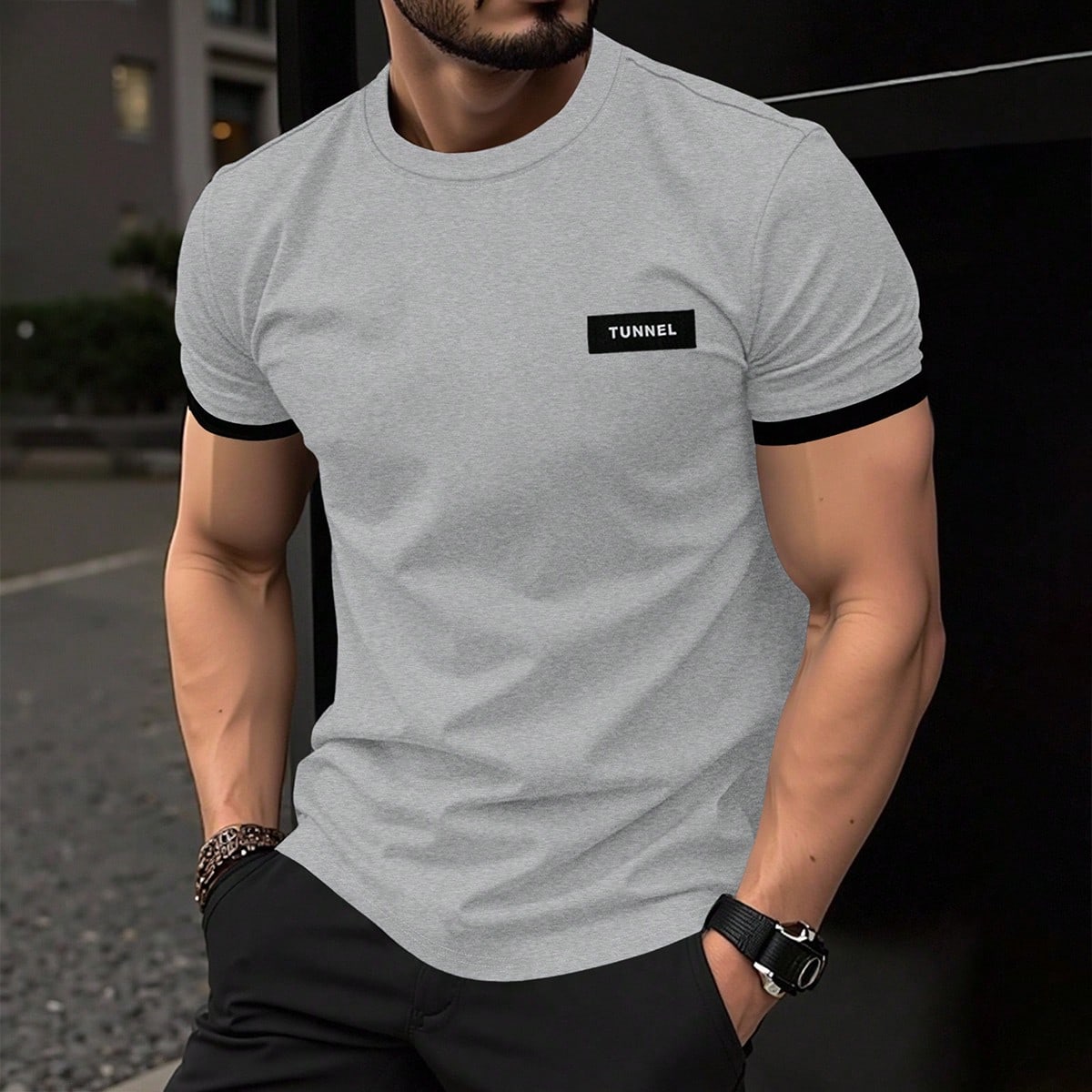 Camiseta de manga corta de verano casual con cuello redondo y ribete de contraste para hombres