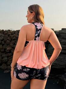 SHEIN Swim Lushore Plus Size Halter Neck Tankini Top And Floral Print Shorts 2-Piece Swimwear Set - Multicolor - View 3