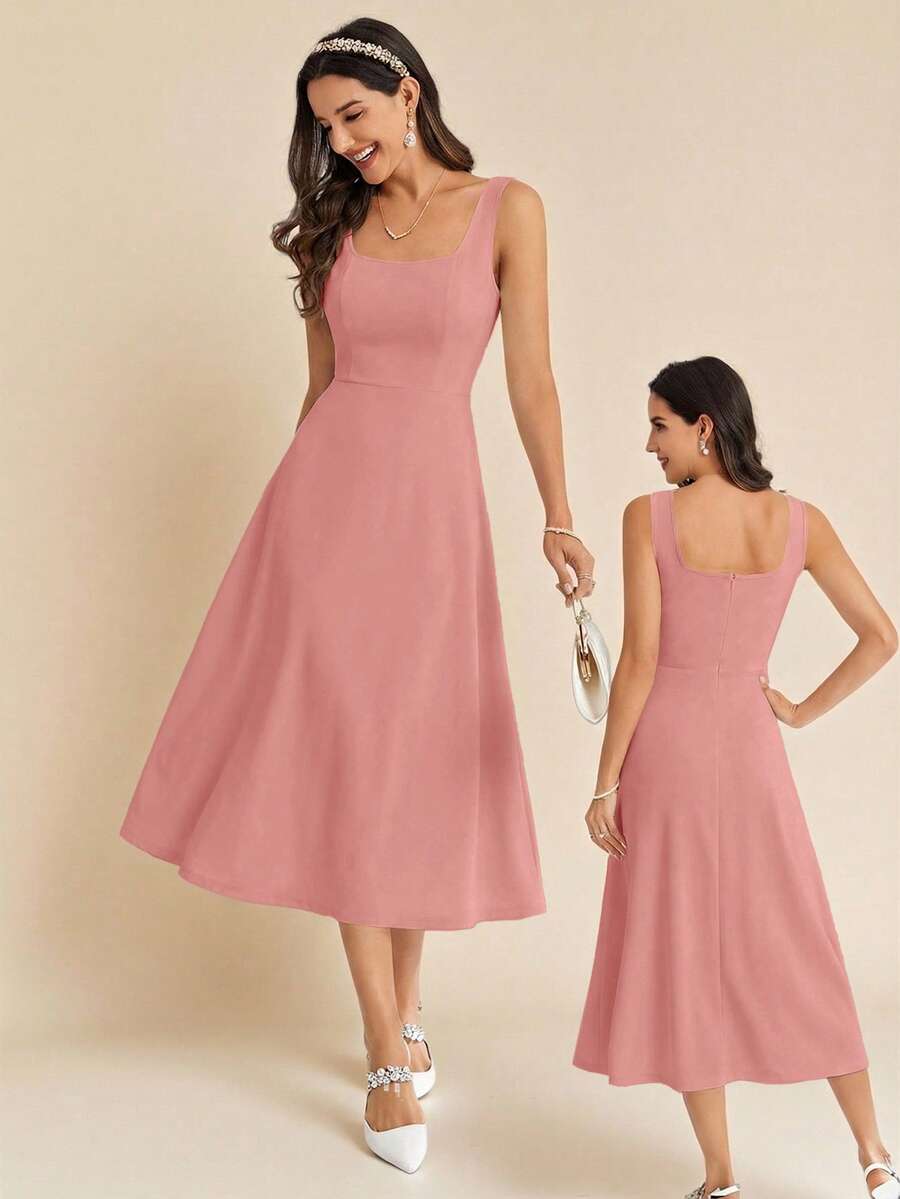 Amorya 女士夏季休闲优雅纯色吊带连衣裙 - 珊瑚粉 - 查看 1