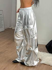 Coolane Summer Outfits  Women's Plus Size,Streetwear Y2K Going Out Streetwear Silvery With Pockets Cargo Pants,Valentine's Day ,Going Out Outfits , Shiny Pants - Silver - View 2