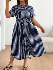 Plussiva Gaun Kasual Longgar Bergaris untuk Ibu Hamil, Ukuran Besar - Royal Blue - View 7