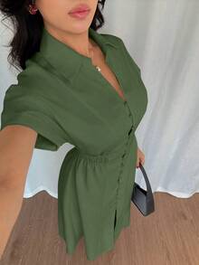 Rafferiza Đầm sơ mi nữ kiểu dáng thường ngày, cài cúc phía trước, tay raglan và thiết kế thắt eo. - xanh quân đội - Xem 6