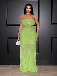 Veslaya 春夏新款优雅派对礼服、约会礼服、晚礼服、婚礼季礼服、毕业派对礼服、生日庆典礼服、活动礼服、度假礼服，性感修身纯色抹茶绿无肩带连衣裙，全身褶皱，透视网纱拼接，鱼尾下摆拼接，大码连衣裙 - B 绿色抹胸连衣裙，网纱长款连衣裙，绿色性感连衣裙，青柠绿连衣裙，绿色连衣裙，曲线无肩带连衣裙，夏季连衣裙 - 橄欖綠 - 查看 3