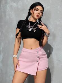 SHEIN PETITE Falda pantalón vaquera casual de uso diario con bolsillos y botones para mujer - Rosa Pálido - Ver 5