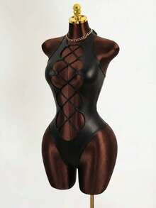 SHEIN Foxxy Women Lace-Up Halter Backless Cutout PU Leather Bodysuit - Black - View 3