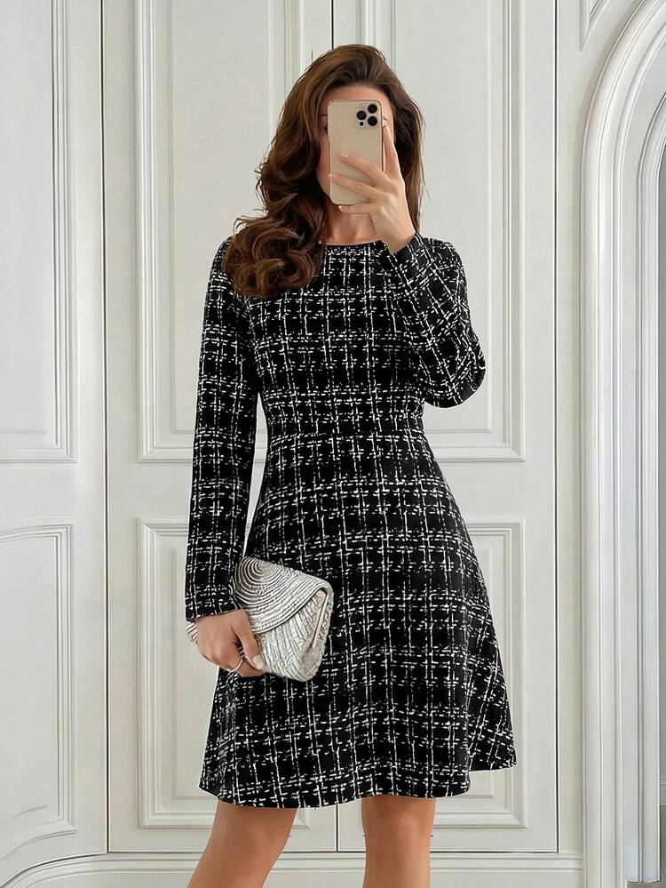 Women's Plaid Round Neck Long Sleeve Elegant Short Dress,Fall