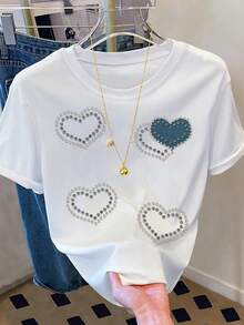 Resyla Women's Cute White And Silver Summer Everyday T-Shirt,Handcrafted Pearl And Rhinestone Embellished Heart Pattern,Elegant Crew Neck Short Sleeve Top - White - View 3