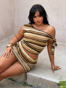 Rustia Plus Size Women Striped Print Asymmetric Collar Top And Mini Skirt 2 Pieces Set - Brown - View 7