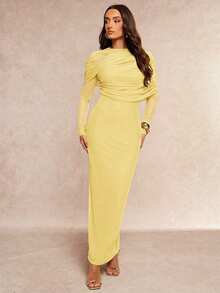 Silquee 优雅浪漫纯色荷叶边领不对称褶裥腰部长袖连衣裙 - 黃色 - 查看 6