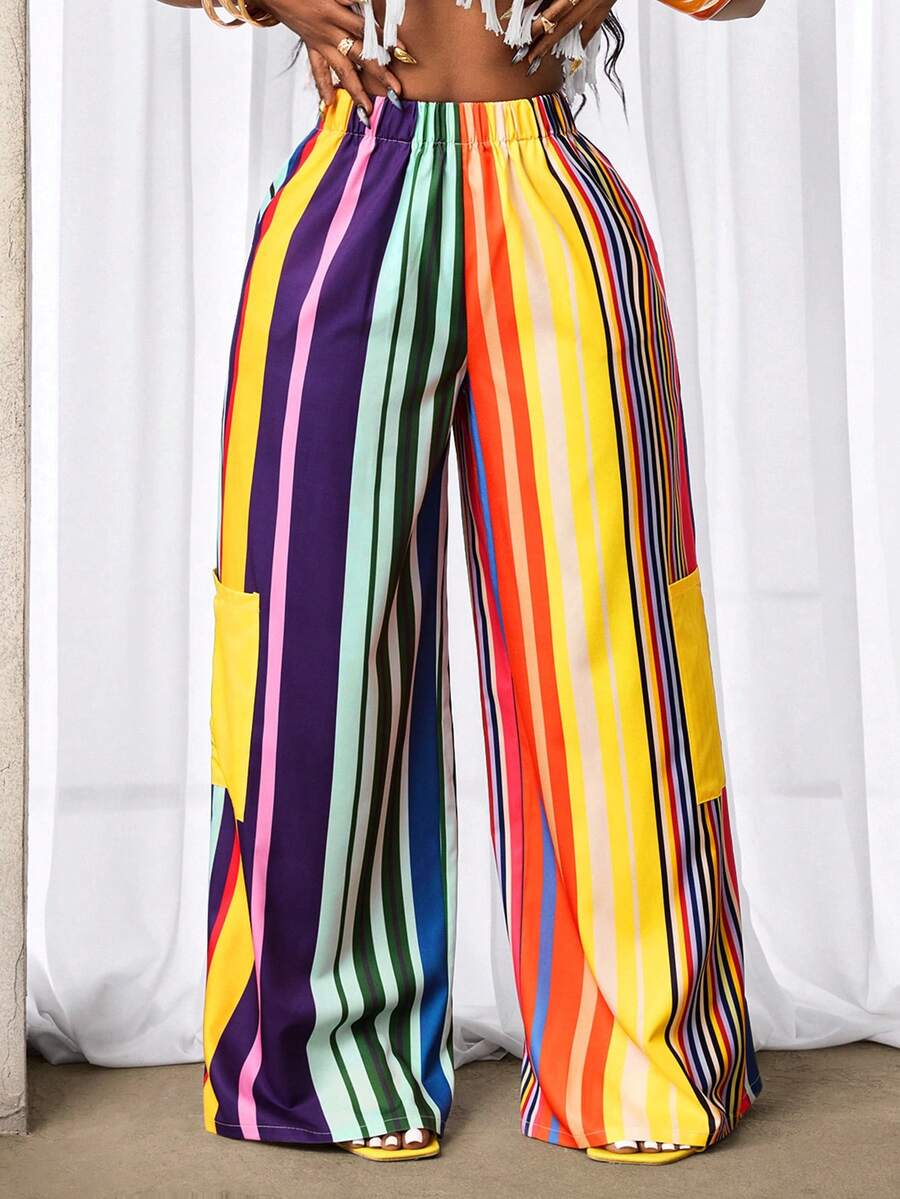 BamGleam 女士彩色随机条纹印花阔腿直筒休闲度假裤 - 彩色 - 查看 1