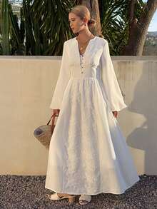 Livesso Spring Long Sleeve V-Neck Waist Cinched Casual Elegant White Midi Dress For Bridesmaids, Wedding Guests, Vacation Sundress - Beige - View 6