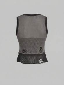 ROMWE Grunge Punk Sexy Hollow Out Contrast Color Knitted Sweater For Women - Grey - View 2