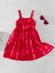 SHEIN 少女碎花装饰蝴蝶结无袖束腰连衣裙 - 紅色 - 查看 6