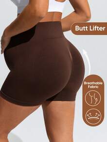 SHEIN Maternity Solid Color High Waist Lifting Sports Shorts,Word Cup - Brown - View 2
