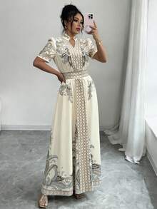 Rafferiza Đầm maxi dài dáng chữ A màu mơ thanh lịch dành cho nữ, cổ chữ V, tay ngắn phồng, xẻ tà và xòe rộng. - Màu be - Xem 6