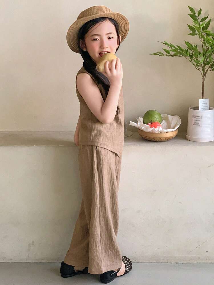 Young Girl Summer Simple Solid Color Asymmetric Hem Sleeveless Shirt And Pants Set