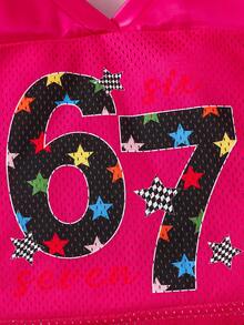 SHEIN 两件套少女休闲数字67蝴蝶结印花短袖圆领T恤和灯笼短裤套装，适合夏季穿着，印花T恤，黑色衬衫，休闲圆领印花短袖T恤，Y2K风格，上衣，黑色上衣，Y2K服装，舒适的秋冬款式，秋季新款，冬日优雅，度假风情，澳洲冬季时尚，轻松舒适 - 玫紅色 - 查看 6