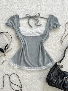 Elamini Camiseta ajustada de moda con lazo y encaje de contraste para mujer - Gris - Ver 4