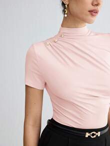 BizChic Spring/Summer New Shallow V-Neck Shoulder Ruched Metal Button Decor Fitted Waist Women's T-Shirt, Suitable For Office, Formal, Elegant Urban Commute, Daily Casual, Romantic 90s Retro, Party, Wedding Guest, Bridesmaid, Hostess, Outing, Social, Date, Party, Concert, Graduation, Breakfast, Airport - Pink - View 6