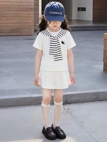 SHEIN Little Byeori 女童休闲时尚圆领短袖上衣搭配二合一短裤 - 白色 - 查看 8