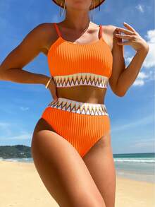 Swim Vcay Traje de baño para mujer, conjunto de bikini de cintura alta con cinta para el verano y la playa - Naranja - Ver 8
