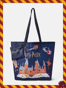 HARRY POTTER X SHEIN Fashionable Street Leisure Large Capacity Lightweight Foldable Dark Blue Children's Fun Printed Tote Bag, Storage Bag - sapphire blue - View 1