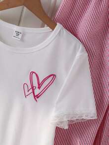 Set de 2 piezas de pijama con top de manga corta y pantalones con patrón bordado de corazón y ribete de encaje para niñas - Multicolor - Ver 4