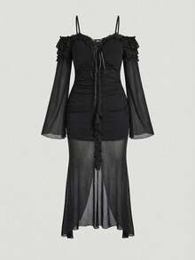 ROMWE Spring/Summer  Plus Size Gothic Vintage Ruffled Lace Flounce Hem Layered Dress, Retro Elegant Black Dress For Women, Plus Size Gothic Vintage Party Gown, Dark Elegant Gothic Plus Size Black Formal Dress, For Party  Valentine's Day - Black - View 9