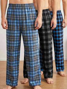 SHEIN 3pcs/Set Teen Boys' Casual Comfortable Plaid Pajama Pants Set Plaid Pj Pants Teen Black And White Pjs Teens Blue Plaid Pajama Bottoms Men's Pajama Pants Black And White Plaid Pants - Multicolor - View 4