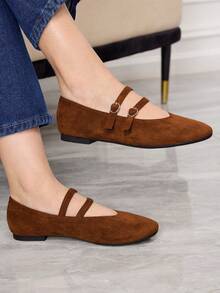 Sleekvia Women Shoes Spring Summer French Gentle Double Buckle Mary Jane Round Toe Flat Bottom Suede Shoes Dating Afternoon Tea Wear - Brown - View 1