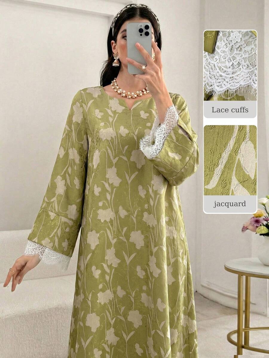 Yasmyna 女士绿色数码印花提花长袖蕾丝边开衩优雅阿拉伯连衣裙，春夏款 - 綠色 - 查看 1