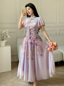 Modelyn 女士系带腰部褶皱印花喇叭连衣裙 - 淡紫色 - 查看 7
