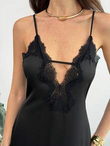 Aloruh Women's Cold Shoulder Spaghetti Strap Black Contrast Lace Asymmetric Hem Dress, Camisole Dress, Party Dress, Elegant Dresses For Party, Sexy Dress, Black Dress, Old Money Style ,Summer Dress - Black - View 12
