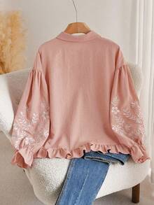 CosyJoli Plus Size Women Embroidered Front Button Ruffle Hem Long Sleeve Blouse - Pink - View 2