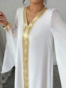 Elenzga 女士V领亮片拼接撞色优雅连衣裙 - 白色 - 查看 5