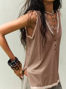 SoleilVie 女士V领蕾丝拼接条纹下摆开衩复古休闲背心 - 棕色 - 查看 7