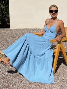 DAZY Vestido largo de mezclilla con cuello en V, sin mangas y con lazo, estilo vacacional para mujer - Lavado ligero - Ver 6