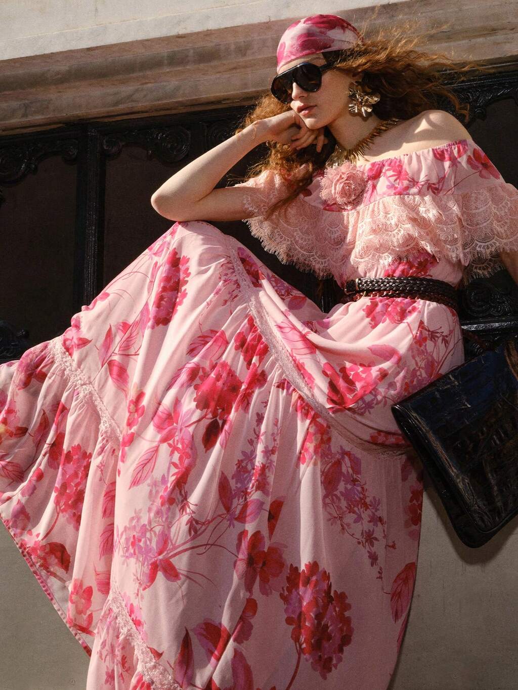 VESTIDO FLARE DE CINTURA COM RECORTES DE RENDA ROMÂNTICA PARA MULHERES, PRIMAVERA/VERÃO