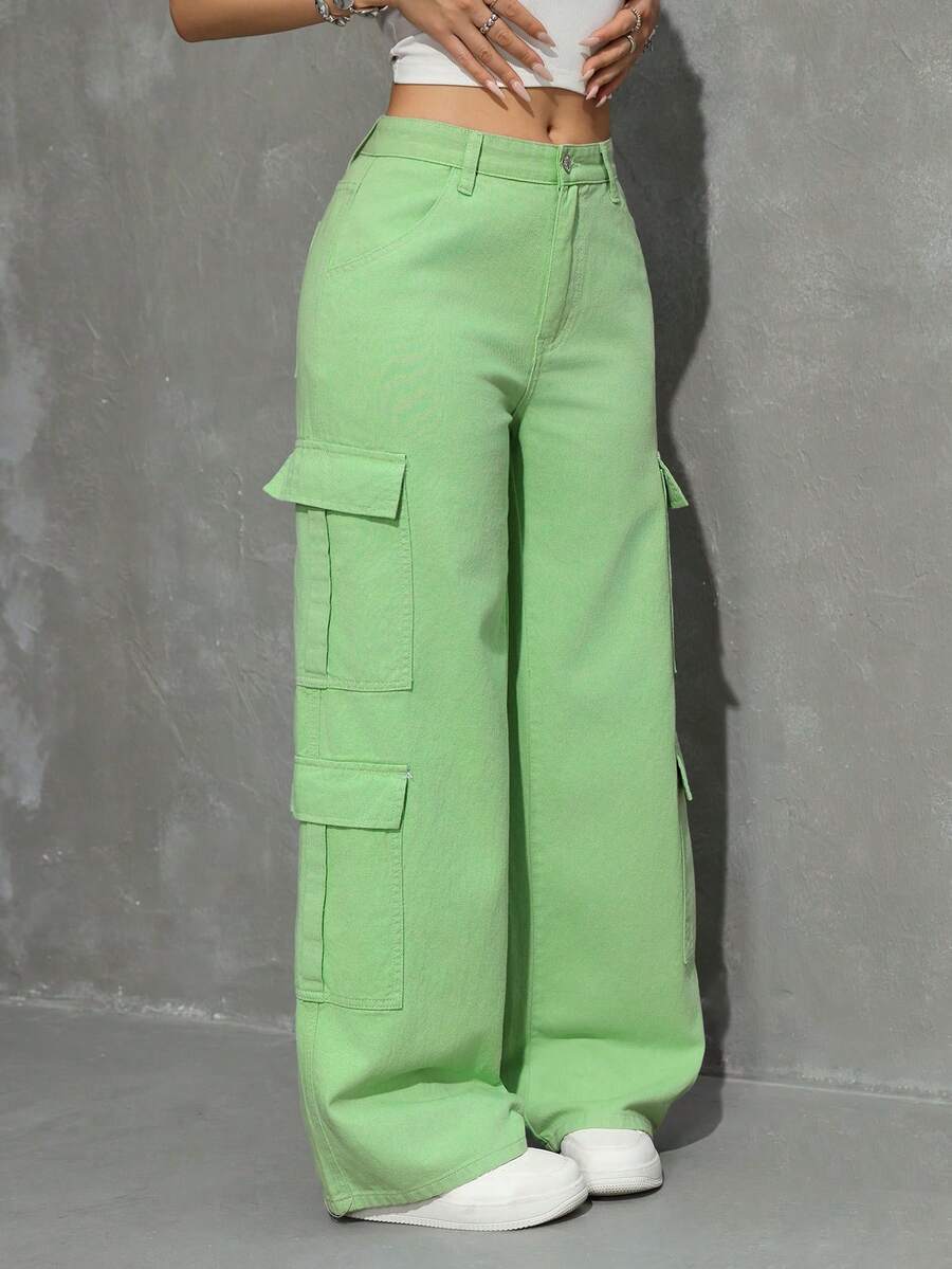SHEIN EZwear 女士夏季拉链门襟翻盖口袋工装牛仔裤 - 綠色 - 查看 1