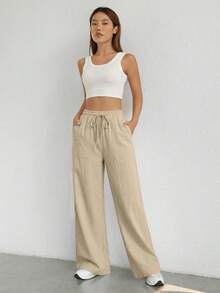 SHEIN EZwear 女士春夏新款杏色梭织休闲日常通勤简约纯色抽绳腰宽松阔腿裤 - 杏色 - 查看 4