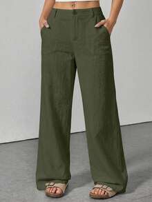 Women's Casual Versatile Washed Cotton Low Waist Straight Leg Pants - Army Green - View 4