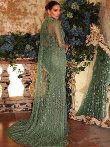 Glamrae Elegante y lujoso vestido de sirena con diseño de chaqueta desmontable con cuentas de perlas, apropiado para bodas, fiestas, vacaciones, galas y ocasiones formales (muy adornado) - Verde - Ver 2