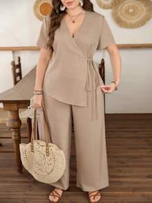 Lacomfia Light Brown Wide Leg Pants Set/Casual Commuter/V-Neck Tie Waist Solid Color Elegant Plus Size 2 Piece Set Pant Suit Summer Sets - Khaki - View 4