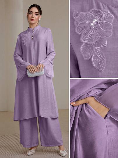 Graceveil 2pcs/Set Women Elegant Stand Collar Ruffle Cuff Long Sleeve Set Modest