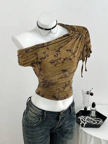 Flirla Casual Khaki Tie-Dye Flocked Plum Blossom Pattern One Shoulder Ruched Bodycon Bohemian Top For Women - Multicolor - View 1