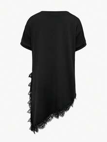 EMERY ROSE Women's V-Neck Lace Asymmetric Hem Short Sleeve - Black - View 2