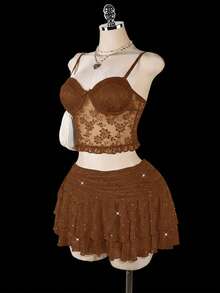 SHEIN ICON Plus Size Ruched Tie-Up High Slit Layered Glitter Mesh Mini Skirt - Brown - View 6