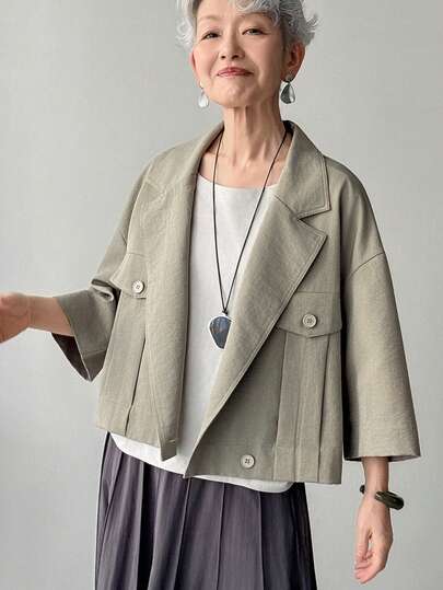 FRIFUL Women's Casual Lapel Collar Dropped Shoulder Loose Short Jacket, Suitable For Spring And Autumn Daily Commute