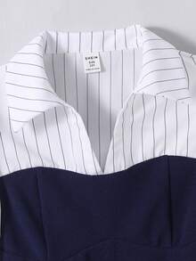 Tween Girls 2-Piece Set:Navy Blue Striped Collared Blouse & Flare Pants,Summer Casual School Outfit,Back-To-School,Holiday,Party Vacation Clothes - Blue and White - View 4